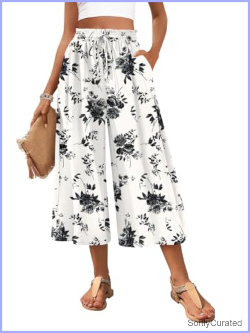 Womens Capri Pants Wide Leg Palazzo Flowy Gaucho High Waist Pockets
